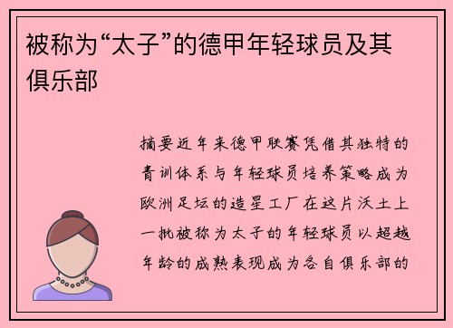 被称为“太子”的德甲年轻球员及其俱乐部