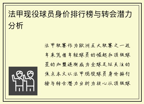 法甲现役球员身价排行榜与转会潜力分析